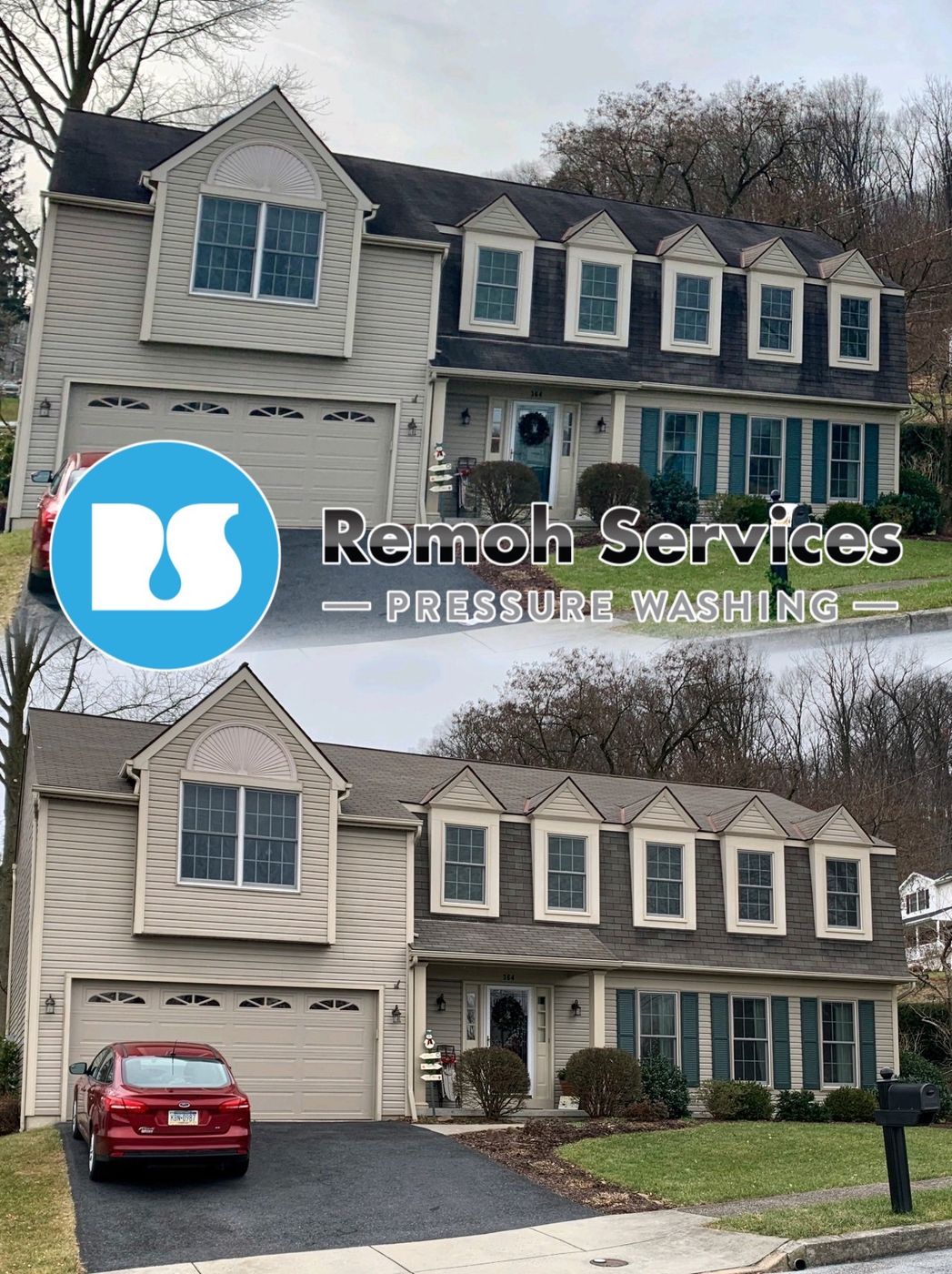 Before and after: house wash, two-story home