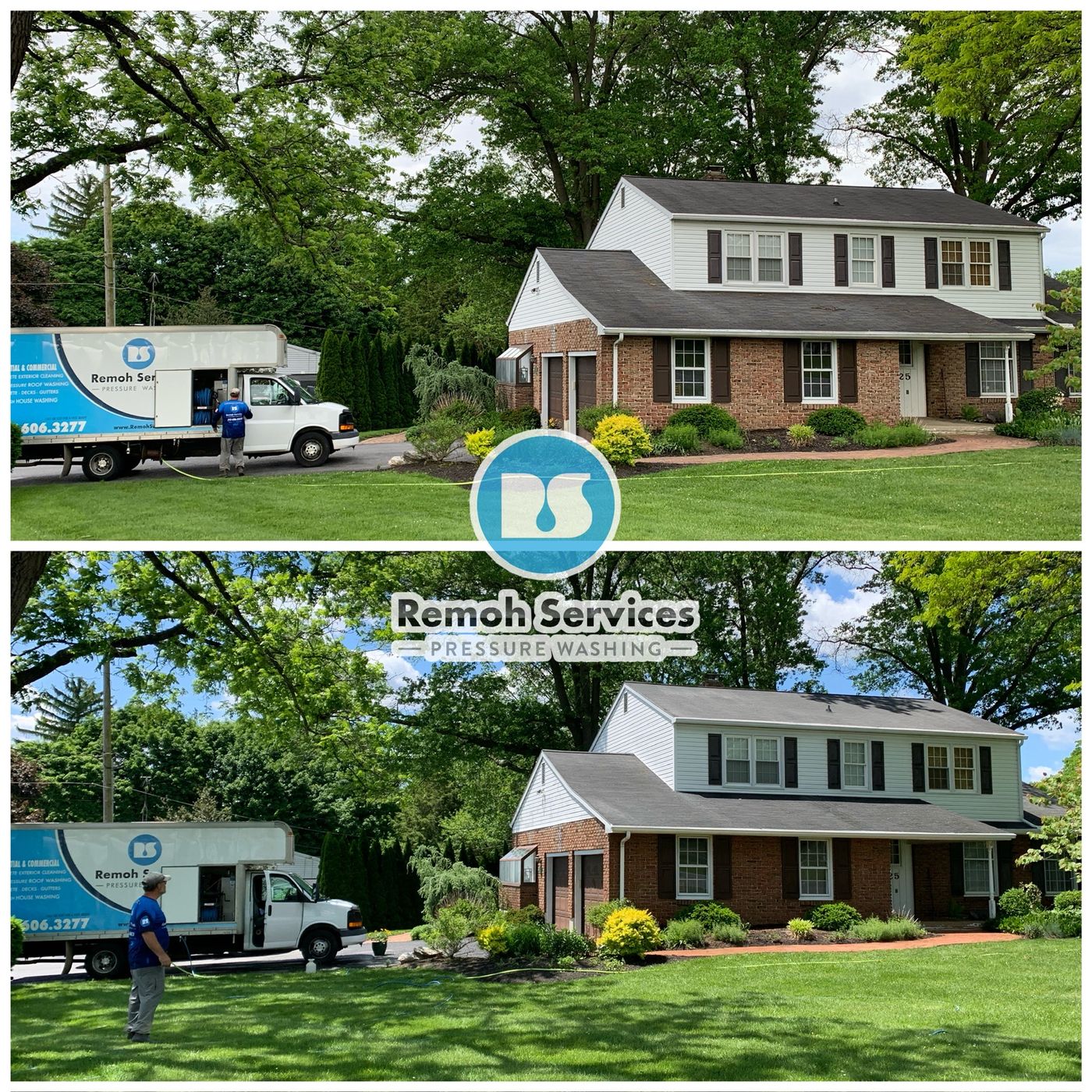 Before and after: house wash, brick colonial