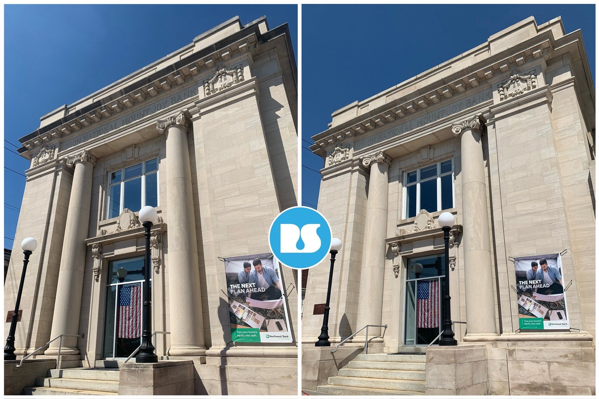 Before and after: commercial wash, historic stone building