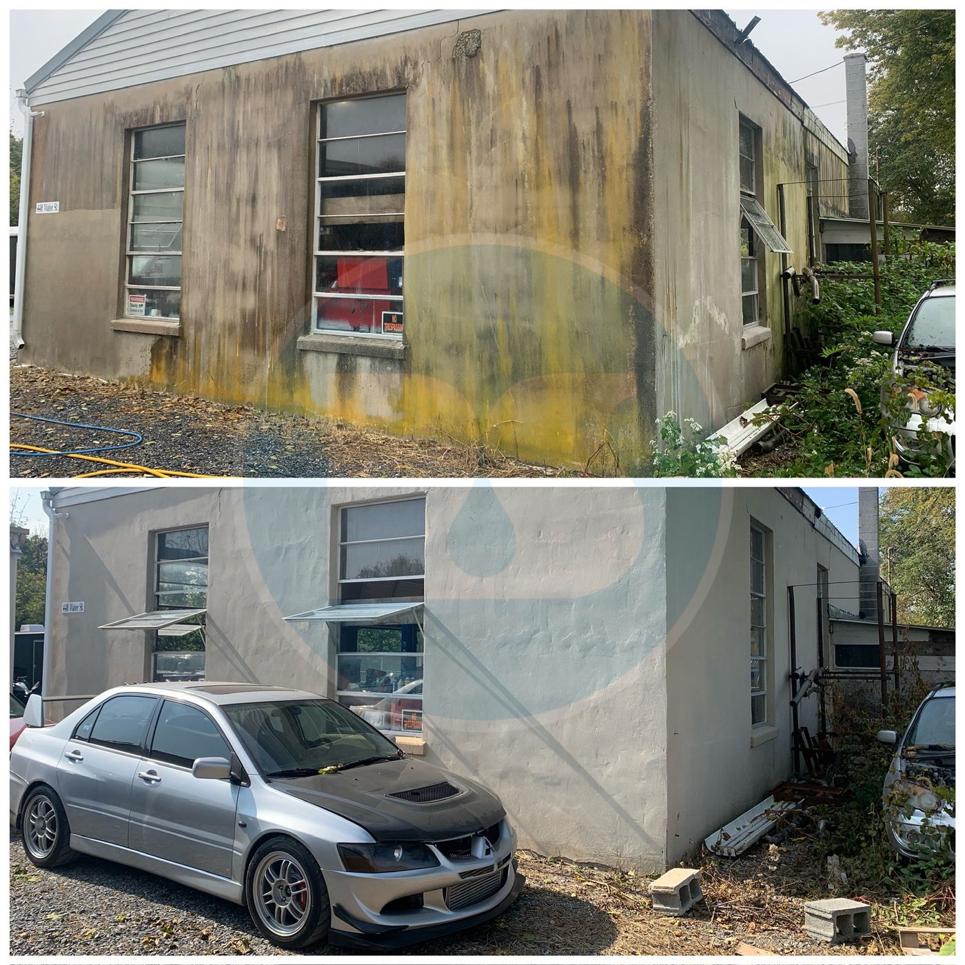 Before and after: block and stucco wall cleaning