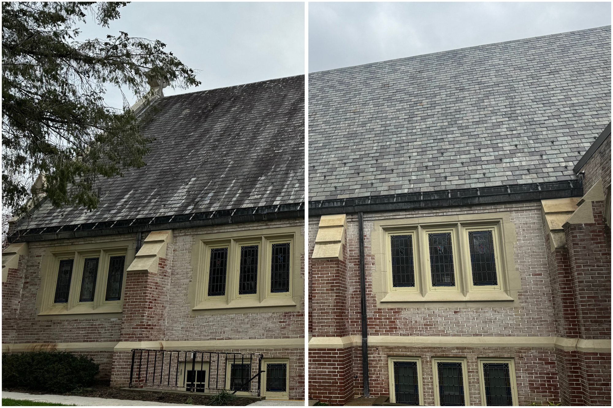 Before and after: soft wash roof cleaning, slate church roof