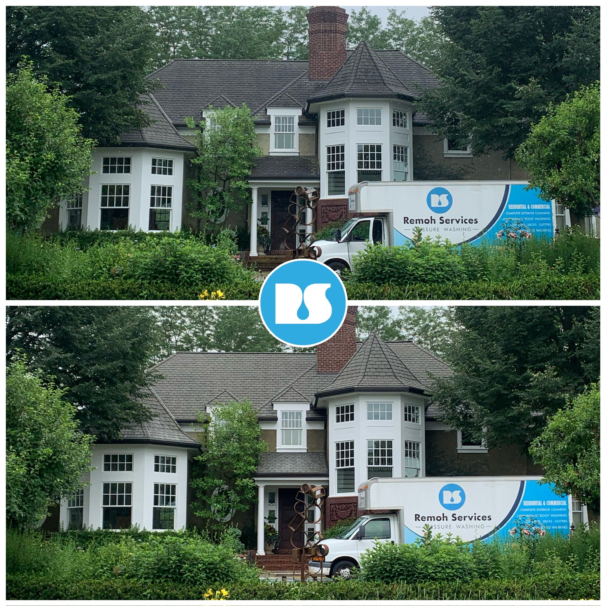 Before and after: soft wash roof cleaning, home with turrets