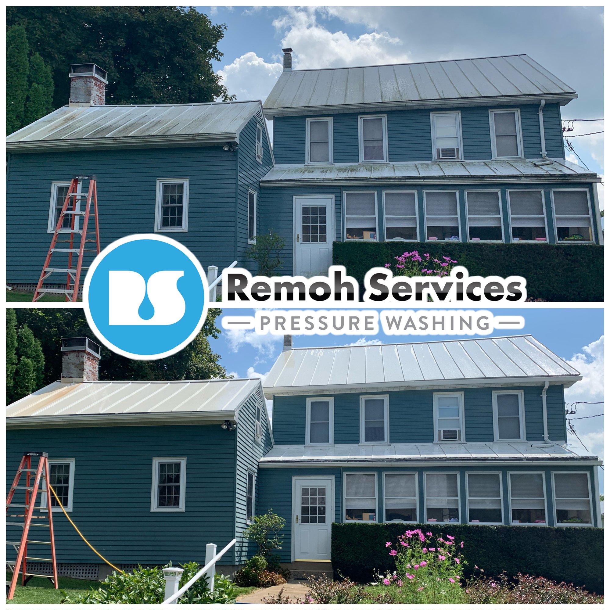 Before and after: soft wash roof cleaning, metal roofs