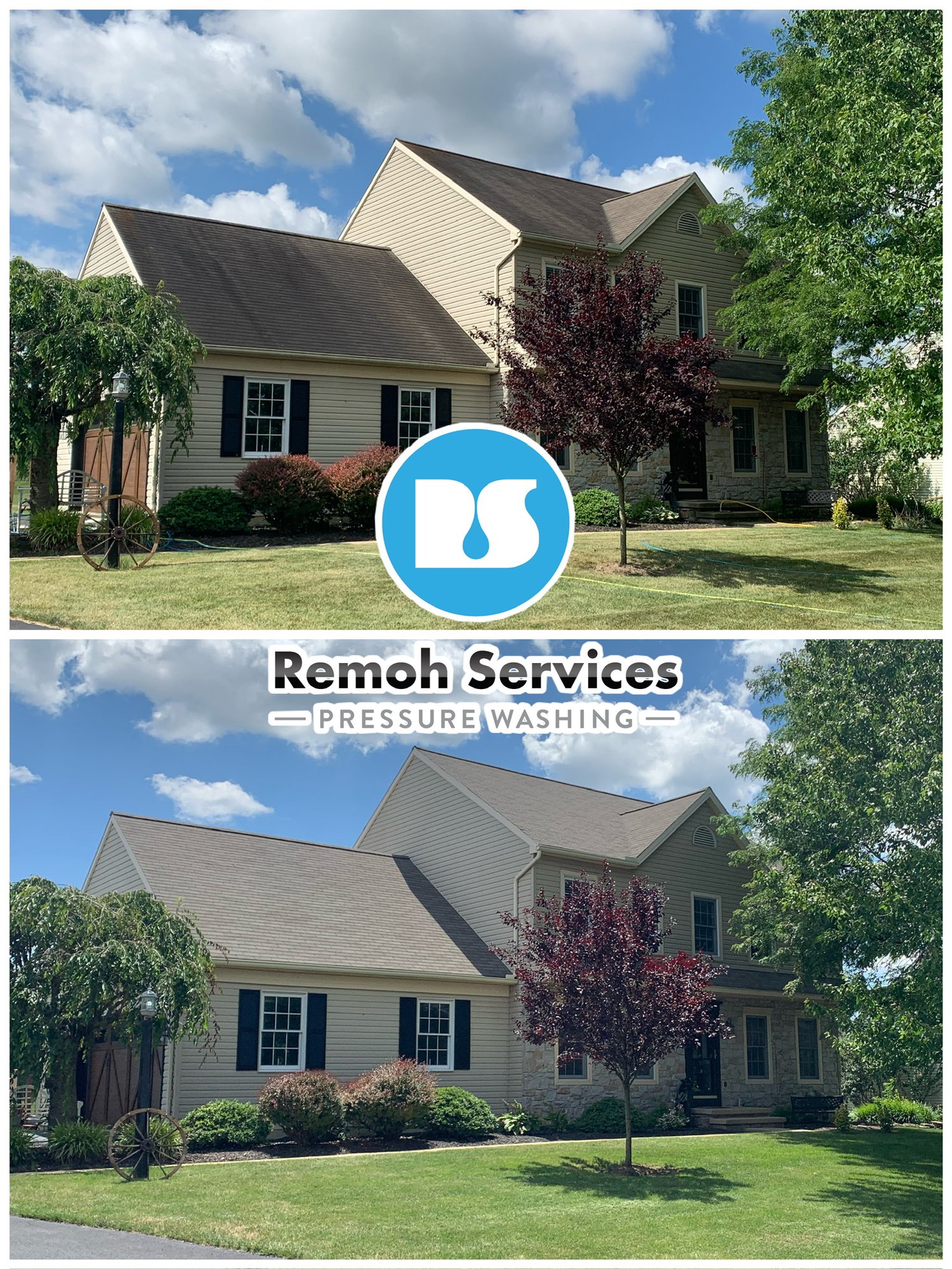 Before and after: soft wash roof cleaning, two-story colonial