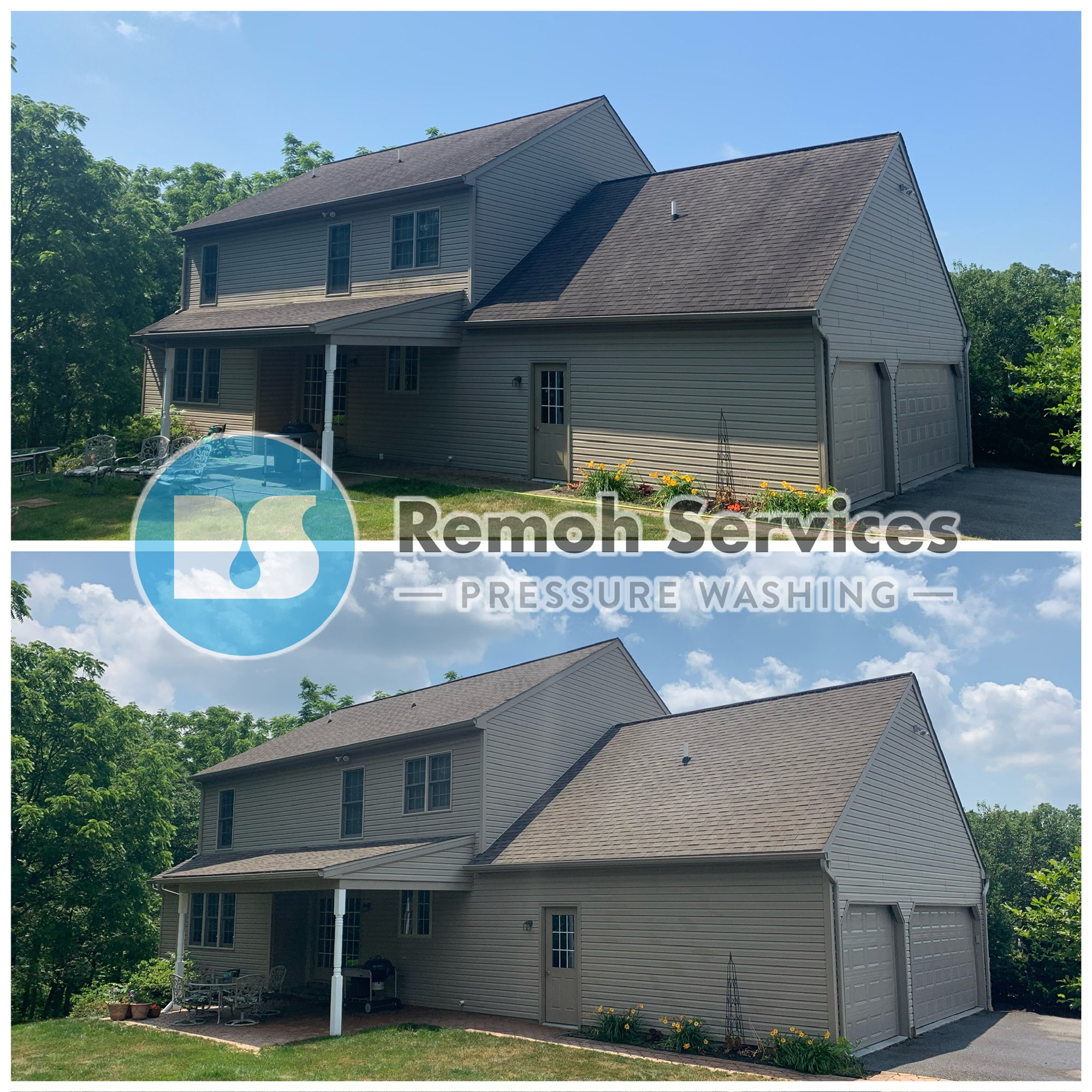 Before and after: soft wash roof cleaning, home and garage