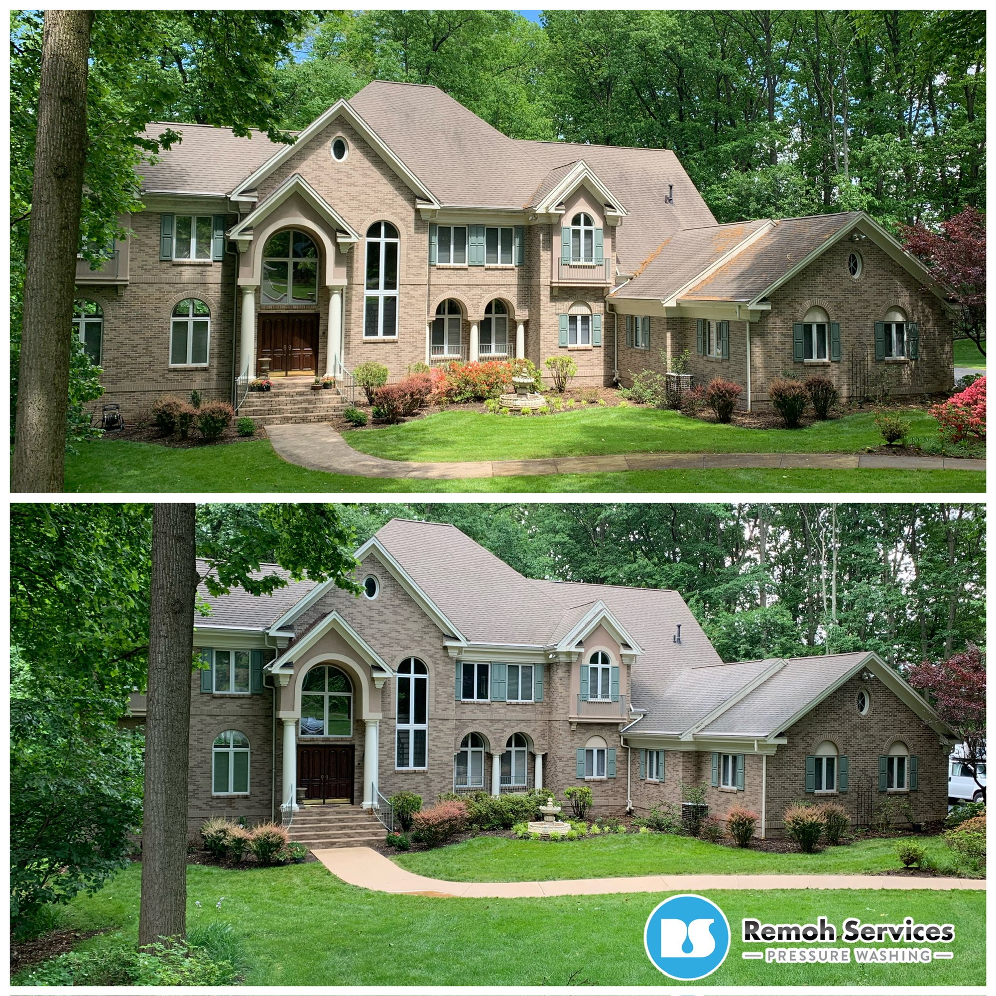 Before and after: soft wash roof cleaning, brick estate
