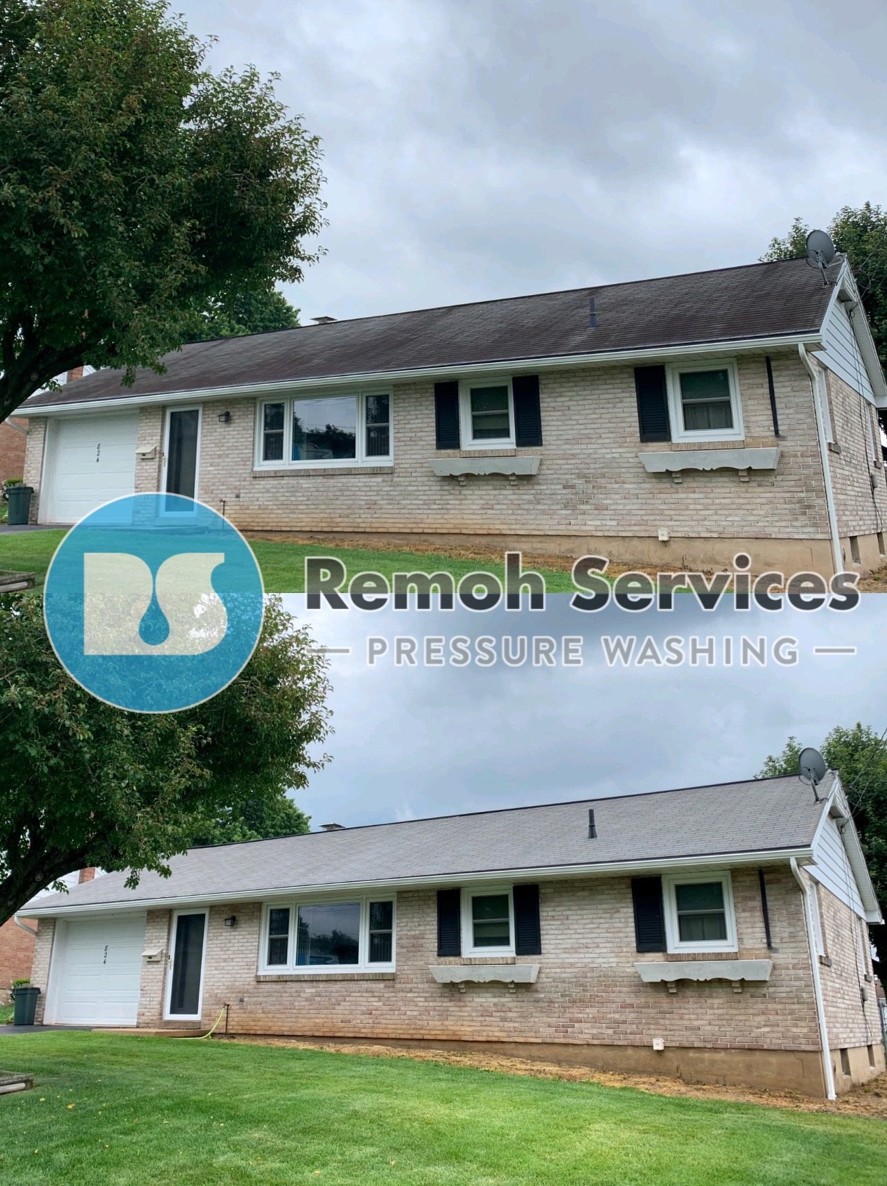 Before and after: soft wash roof cleaning, light brick ranch