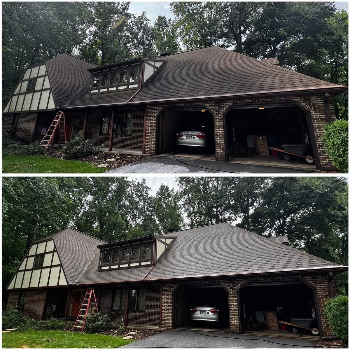 Before and after: soft wash roof cleaning, Tudor-style brick home
