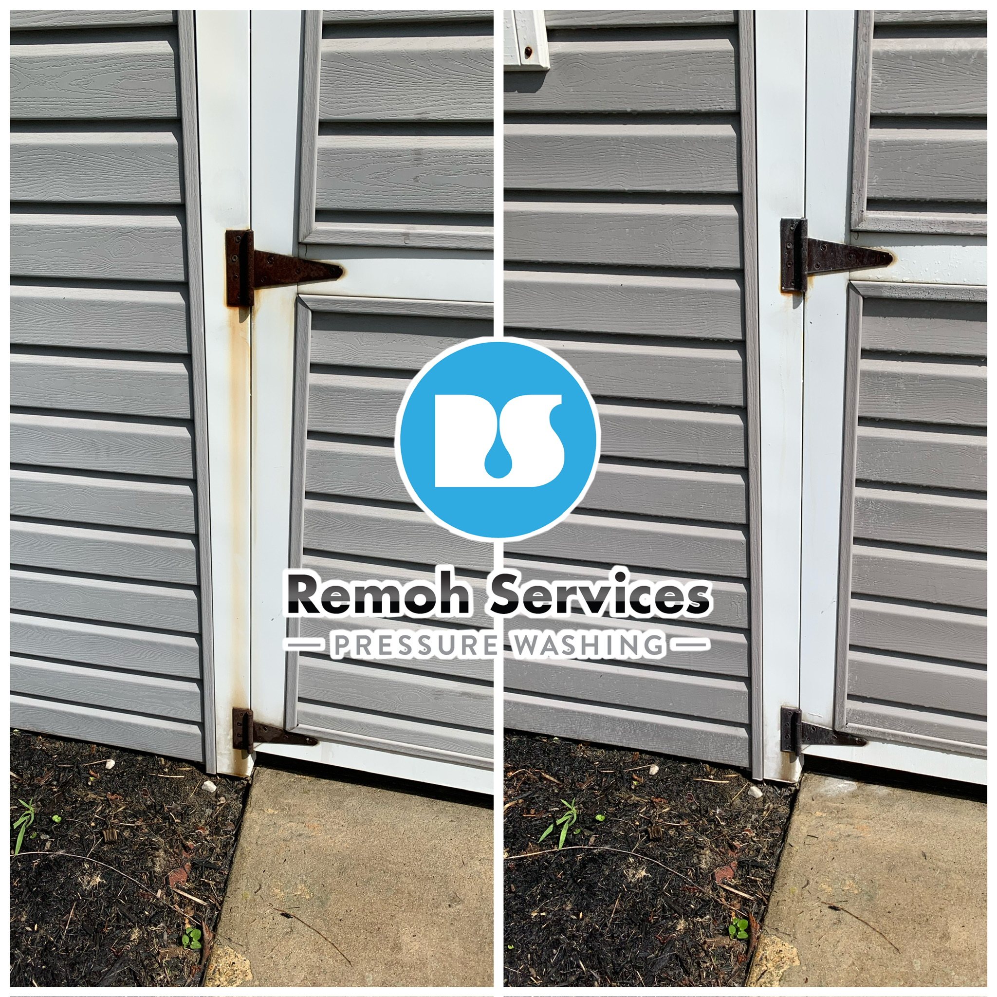 Before and after: rust stain removal, shed door and siding