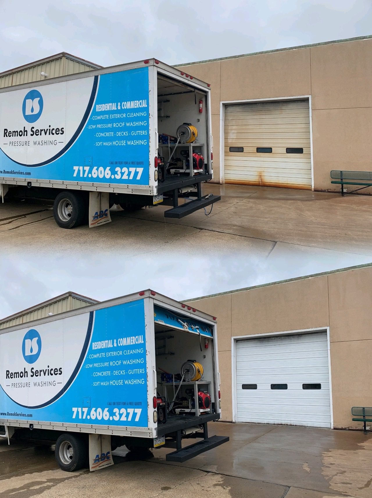 Before and after: rust stain removal, commercial garage door